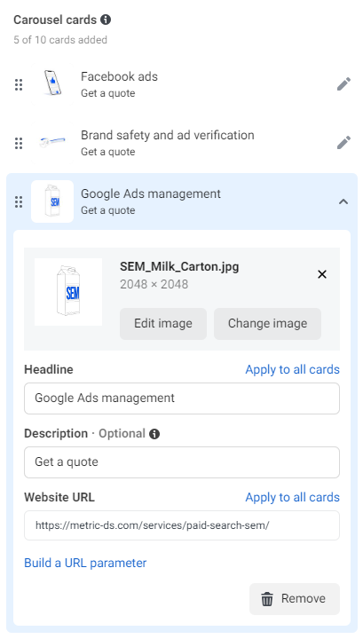 Add headline and descriptions to each card in your carousel