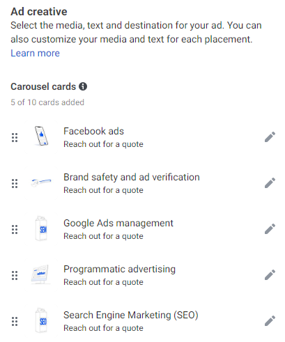 Create cards for your Facebook carousel ad