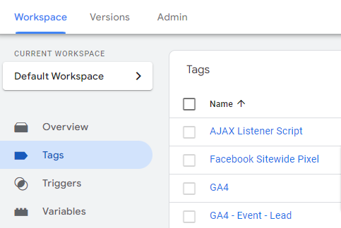 GTM - Workspace - Tags