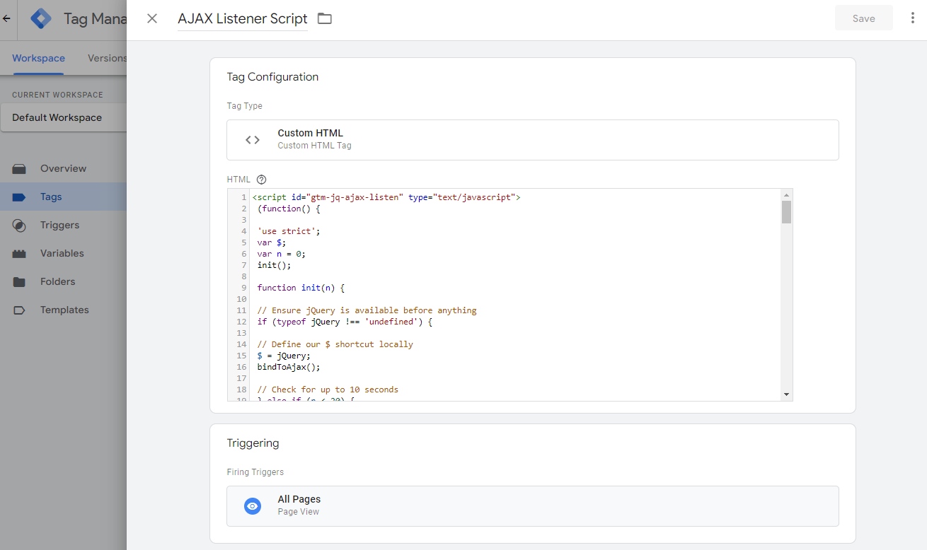 Google Tag Manager - Create Custom HTML Tag - AJAX Listener Script