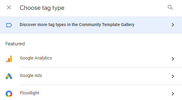 Google Tag Manager - Choose tag type